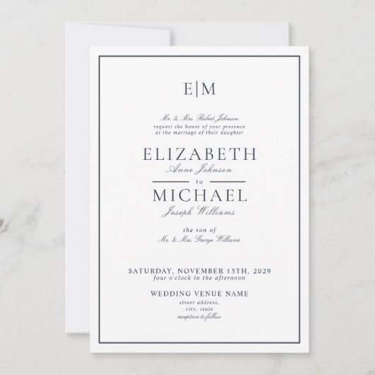 Invitation Elégant QR Code Marine Bleu Classic Monogramme Mar (Devant)