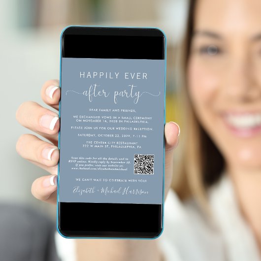 Invitation Elégant QR Code Photo Dusty Blue Wedding Réception