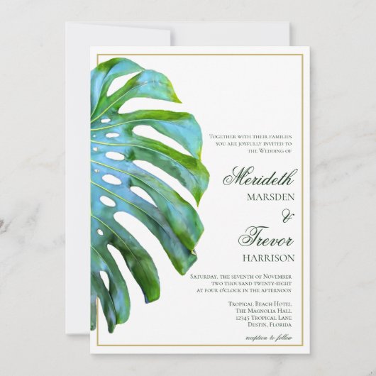 Invitation Elégant QR Tropical Monstera Leaf Gold Photo Plage (Devant)