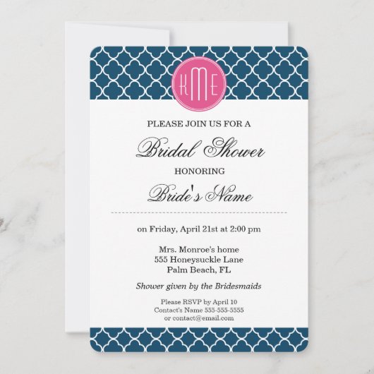 Invitation Élégant Quatrefoil bleu de la marine avec monogram (Devant)