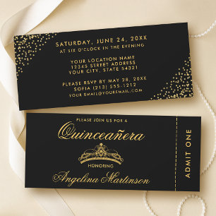Invitation Élégant Quincanera Gold et Black Ticket