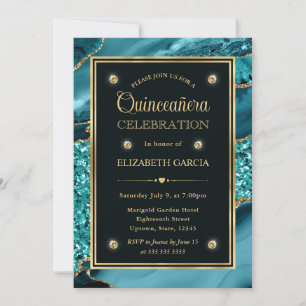 Invitation Elégant Quinceanera Agate Turquoise et Paillettes