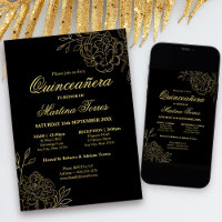 Élégant Quinceanera Floral Esquisse Noir et Or