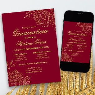Invitation Élégant Quinceanera Floral Or Bourgogne