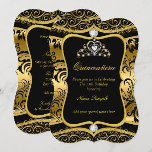 Invitation Elégant Quinceanera Gold Black Damask Tiara Invita