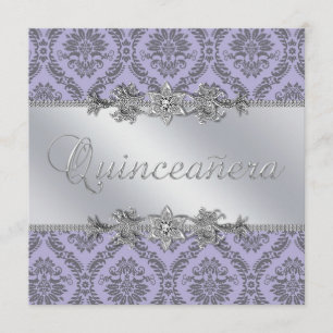 Invitation Élégant Quinceanera gris et violet damassé