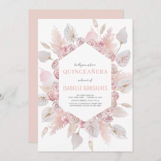Invitation Elégant QUINCEAÑERA Moderne Boho Aquarelle Blush (Devant / Derrière)