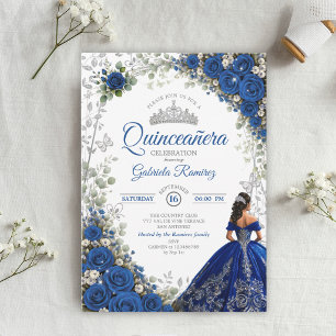 Invitation Élégant Quinceañera Roses Bleu Royal et Argent