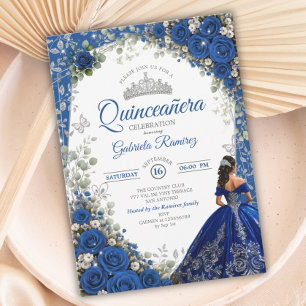 Invitation Élégant Quinceañera Roses Bleu Royal et Argent