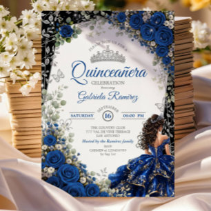 Invitation Élégant Quinceañera Roses Bleu Royal et Argent
