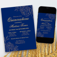 Élégant Quinceanera Royal Bleu Or Esquisse Florale