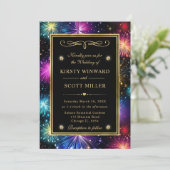 Invitation Elégant Rainbow Fireworks Gold Frame Mariage (Debout devant)