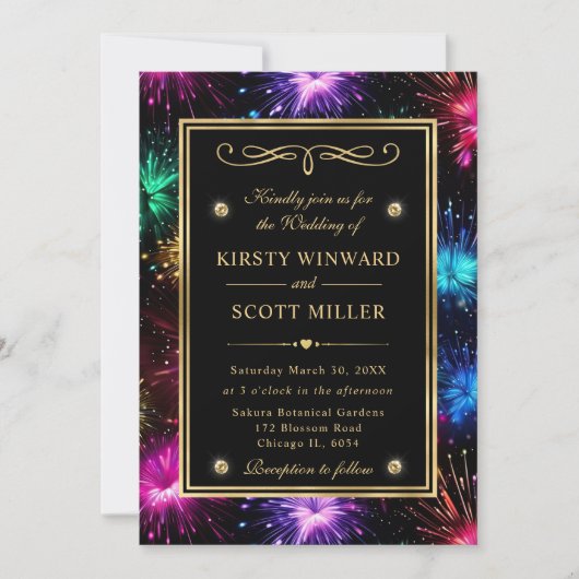 Invitation Elégant Rainbow Fireworks Gold Frame Mariage (Devant)