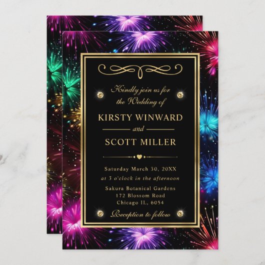 Invitation Elégant Rainbow Fireworks Gold Frame Mariage (Devant / Derrière)
