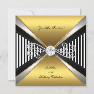 Invitation Élégant Rayure Or Noir Blanc Argent Anniversaire
