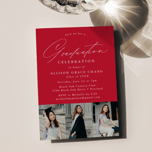 Invitation Elégant Red 3 Photo Graduation Party