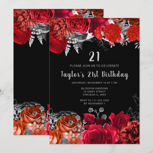 Invitation Elegant Red and Silver Flowers Birthday Party (Devant / Derrière)