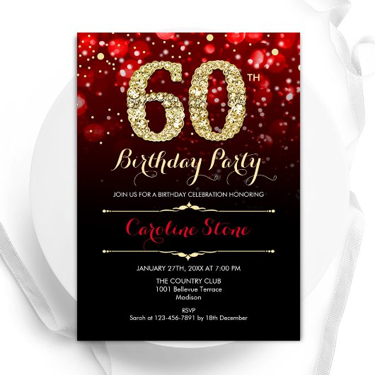 Invitation Elégant Red Black Gold 60e anniversaire