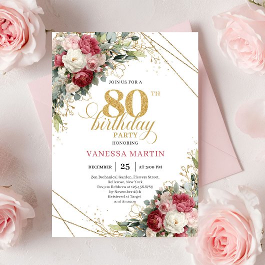 Invitation Elegant Red Blush Floral 80th Birthday Invite