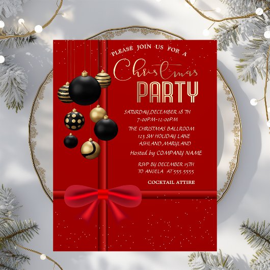 Invitation Elegant Red Bow Black Balls Christmas Company 