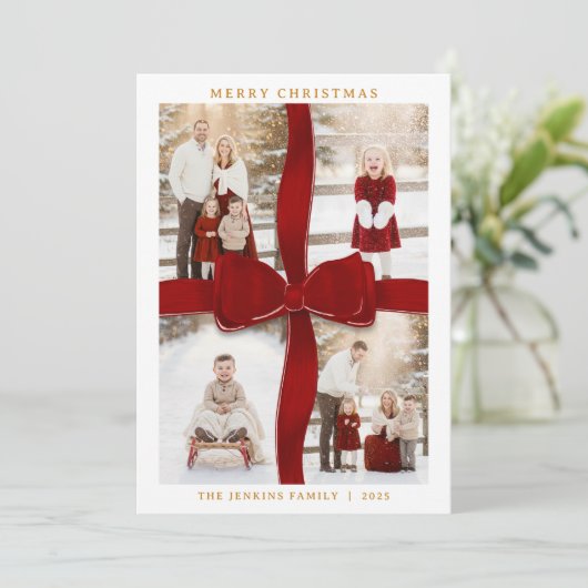 Invitation Elegant Red Bow Photo Christmas Card (Debout devant)
