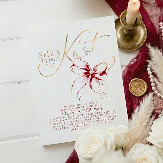 Invitation Elegant Red Bow She's Tying The Knot Bridal Shower
