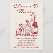 Invitation Elegant Red Cheers to Thirty Cocktail Birthday (Devant)