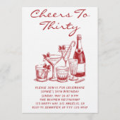 Invitation Elegant Red Cheers to Thirty Cocktail Birthday (Devant)