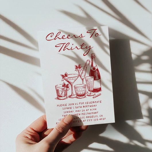 Invitation Elegant Red Cheers to Thirty Cocktail Birthday