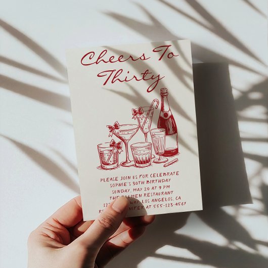 Invitation Elegant Red Cheers to Thirty Cocktail Birthday