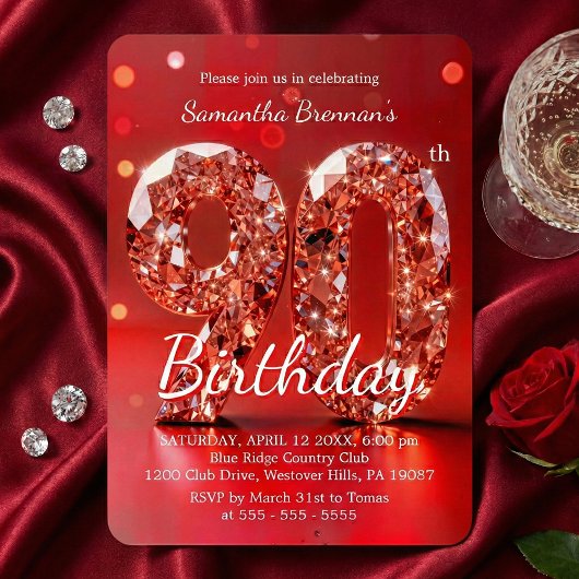 Invitation Elegant Red Diamond Gemstone Glamour 90th Party