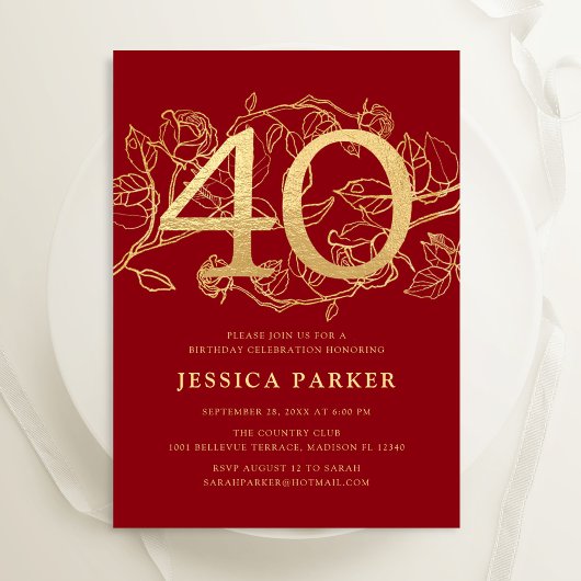 Invitation Elégant Red Gold 40e anniversaire