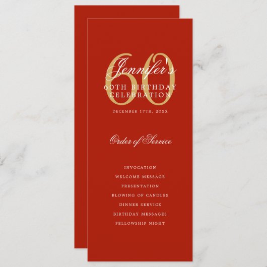 Invitation Élégant Red Gold 60th Birthday Program Menu (Devant / Derrière)