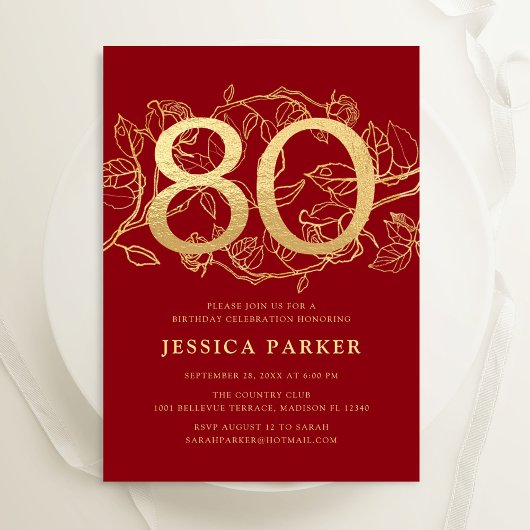 Invitation Elégant Red Gold 80e anniversaire