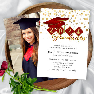 Invitation Elégant Red Gold Graduation Photo Party