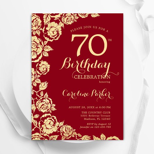 Invitation Elégant Red Gold Rose 70e anniversaire