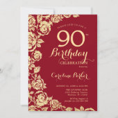 Invitation Elégant Red Gold Rose 90e anniversaire (Devant)
