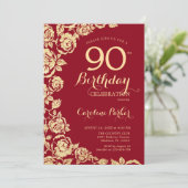 Invitation Elégant Red Gold Rose 90e anniversaire (Debout devant)