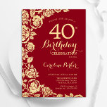 Invitation Elégant Red Gold Roses 40e anniversaire<br><div class="desc">Invitation à la fête de 40e anniversaire de l'or rouge floral. Design élégant avec des roses,  fausse feuille d'or et police de script de typographie. Carte invitation tendance parfaite pour une célébration anniversaire élégante. Peut être customisé à n'importe quel âge. Invitations Zazzle imprimées ou téléchargement instantané modèle imprimable numérique.</div>