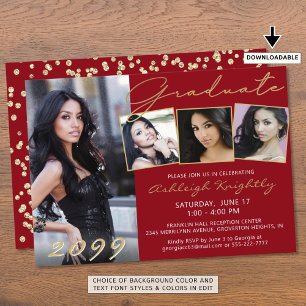 Invitation Élégant Red Gold Script 4 Photo Graduate