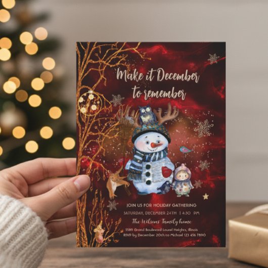 Invitation Elegant Red Gold Snowman & Characters Christmas