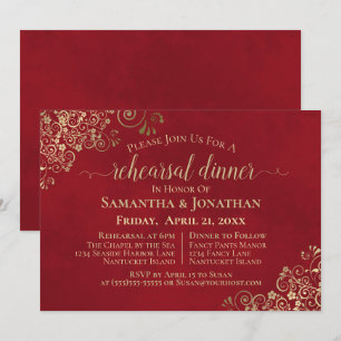 Invitation Élégant Red & Lacy Gold Mariage Répétition & Dîner
