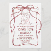 Invitation Elegant Red Line Art Bow & Champagne 30th Birthday (Devant)