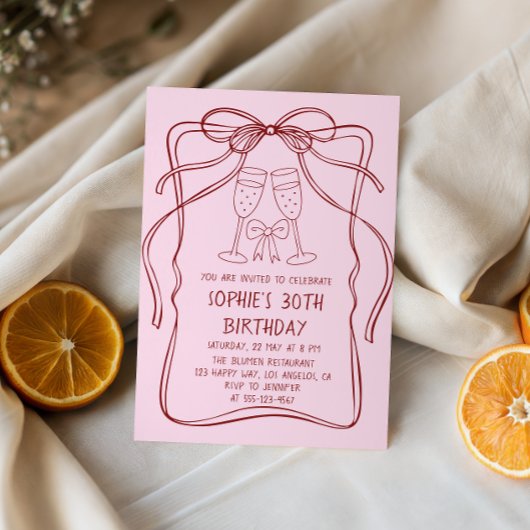 Invitation Elegant Red Line Art Bow & Champagne 30th Birthday