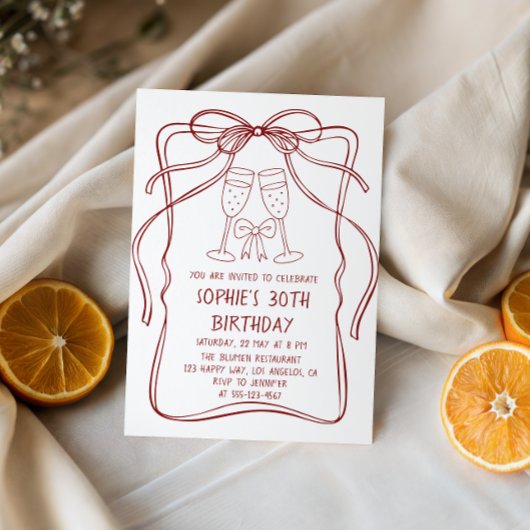 Invitation Elegant Red Line Art Bow & Champagne 30th Birthday