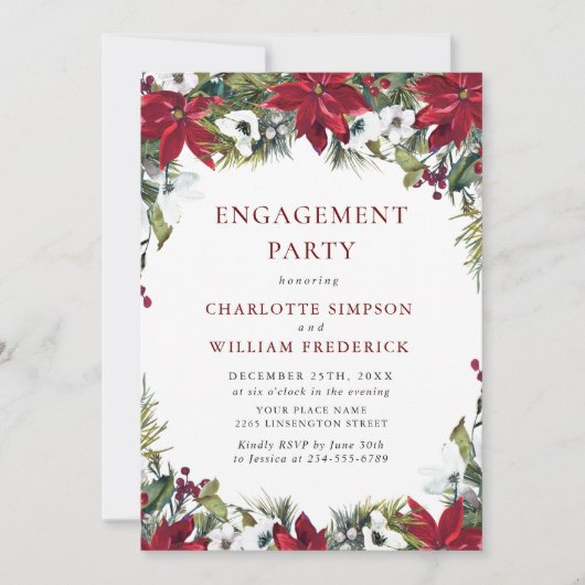 Invitation Élégant Red Poinsettia Noël ENGAGEMENT PARTI (Devant)