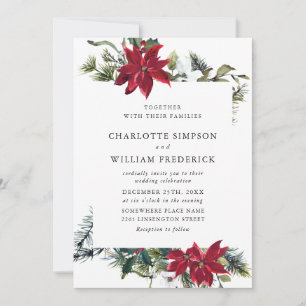 Invitation Elegant Red Poinsettia Pine Fir Watercolor Wedding