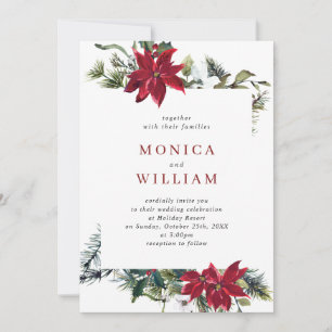 Invitation Elegant Red Poinsettia Pine Fir Watercolor Wedding