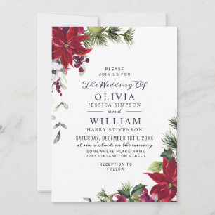 Invitation Elegant Red Poinsettia Pine Fir Watercolor Wedding