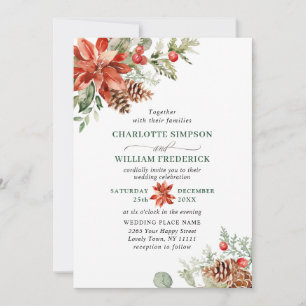 Invitation Elegant Red Poinsettia Pine Fir Watercolor Wedding
